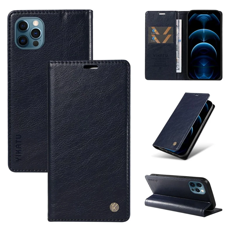 YIKATU YK-006 For iPhone 13 Pro Max Wallet Case Magnetic Closure Leather Phone Cover - Navy Blue