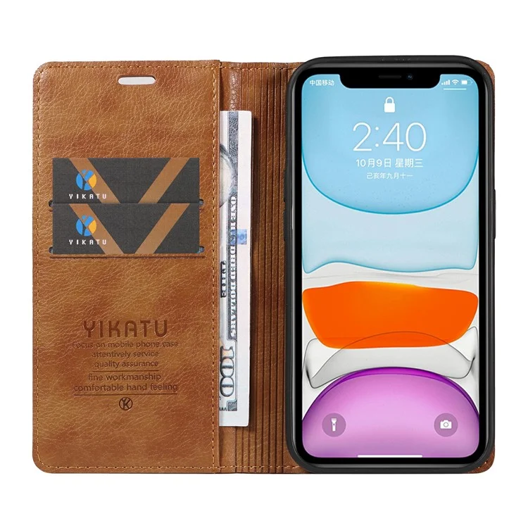 Чехол-кошелек YIKATU YK-006 для iPhone 11 с отсеками для карт, кожаный - коричневый