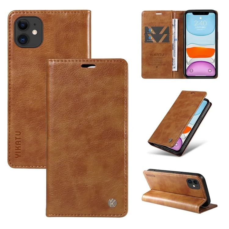 Чехол-кошелек YIKATU YK-006 для iPhone 11 с отсеками для карт, кожаный - коричневый