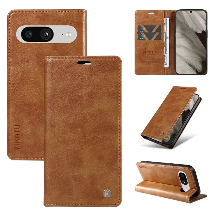 YIKATU YK-006 per Google Pixel 8 Case Custodia in Pelle PU Interno TPU Protezione Completa Portafoglio Cover per Telefono - Marrone