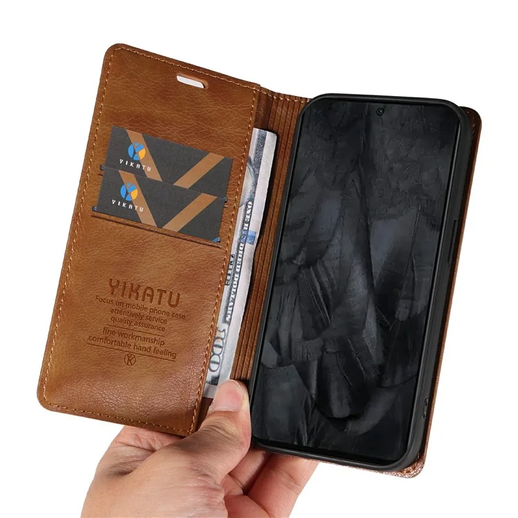 Funda YIKATU YK-006 para Google Pixel 8 Pro, de piel con textura de lichí, cartera y tapa del teléfono - Marrón
