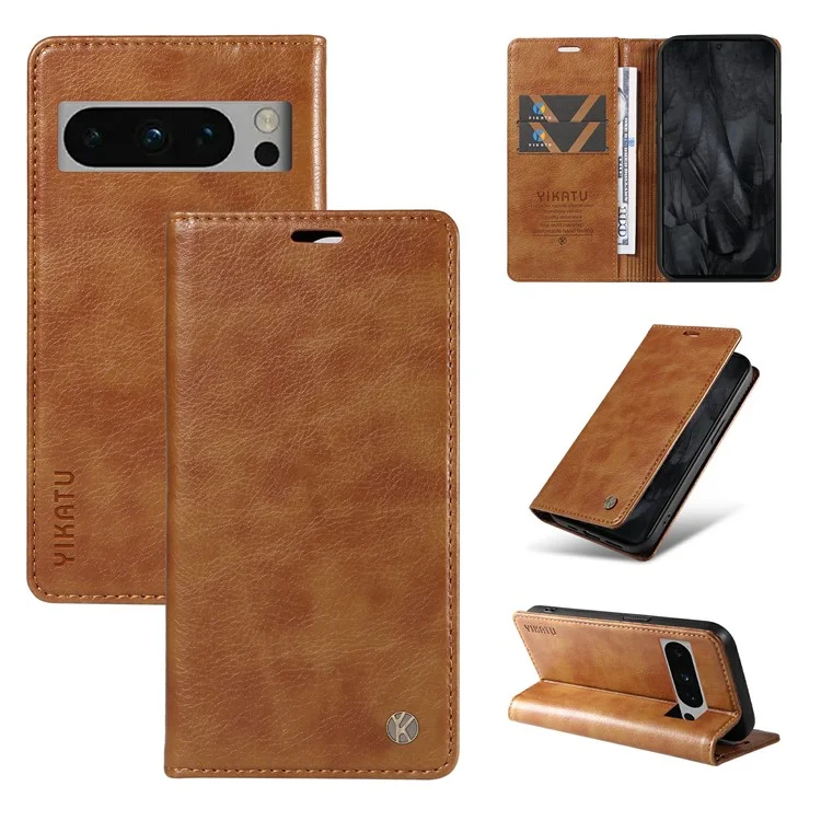 Funda YIKATU YK-006 para Google Pixel 8 Pro, de piel con textura de lichí, cartera y tapa del teléfono - Marrón