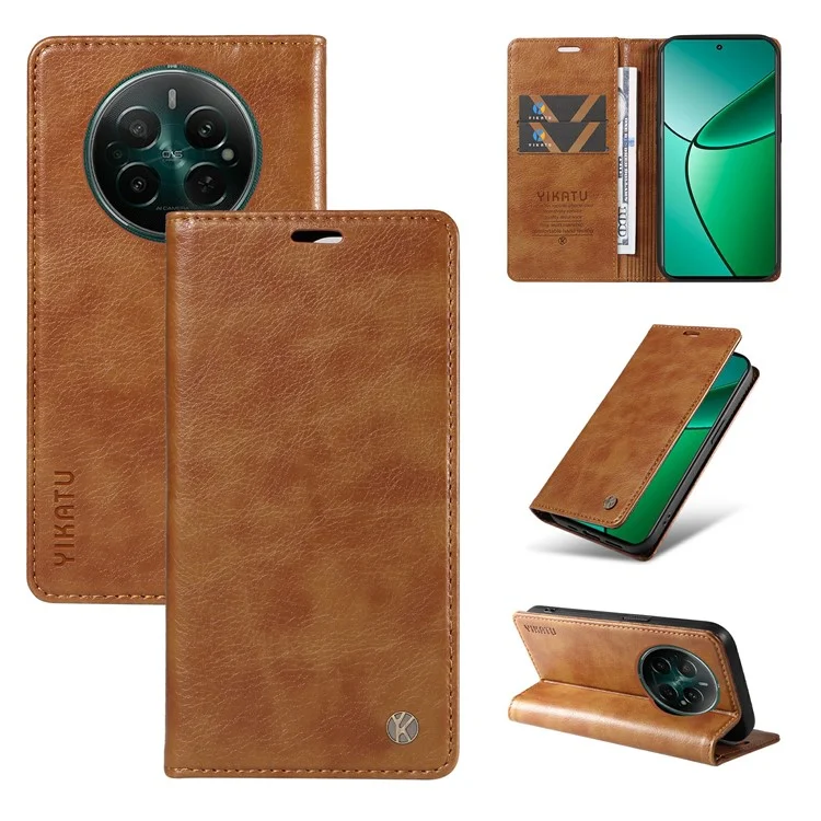 YIKATU YK-006 For Realme 12+ 5G Case Drop-proof Leather Card Holder Phone Protective Cover - Brown