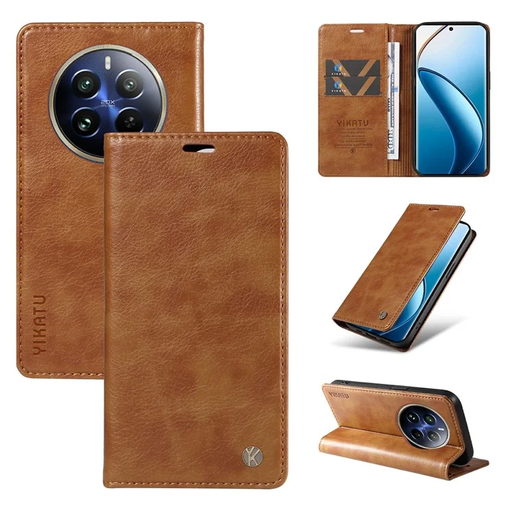 YIKATU YK-006 For Realme 12 Pro 5G / 12 Pro+ 5G Phone Case Anti-Drop Leather Flip Wallet Cover - Brown