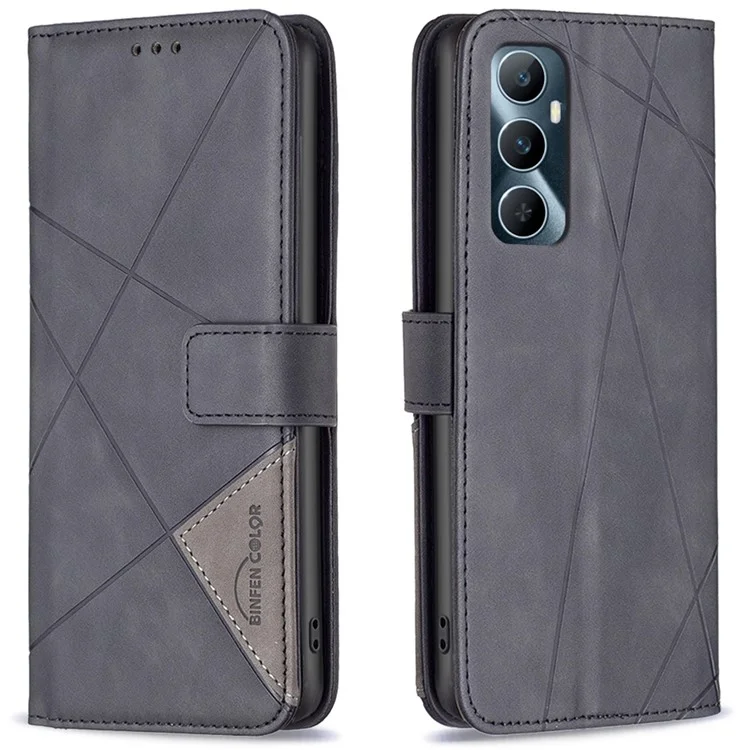 BINFEN COLOR For Realme C65 4G Phone Cases Wallet Stand Geometry Imprinted Leather Cover - Black