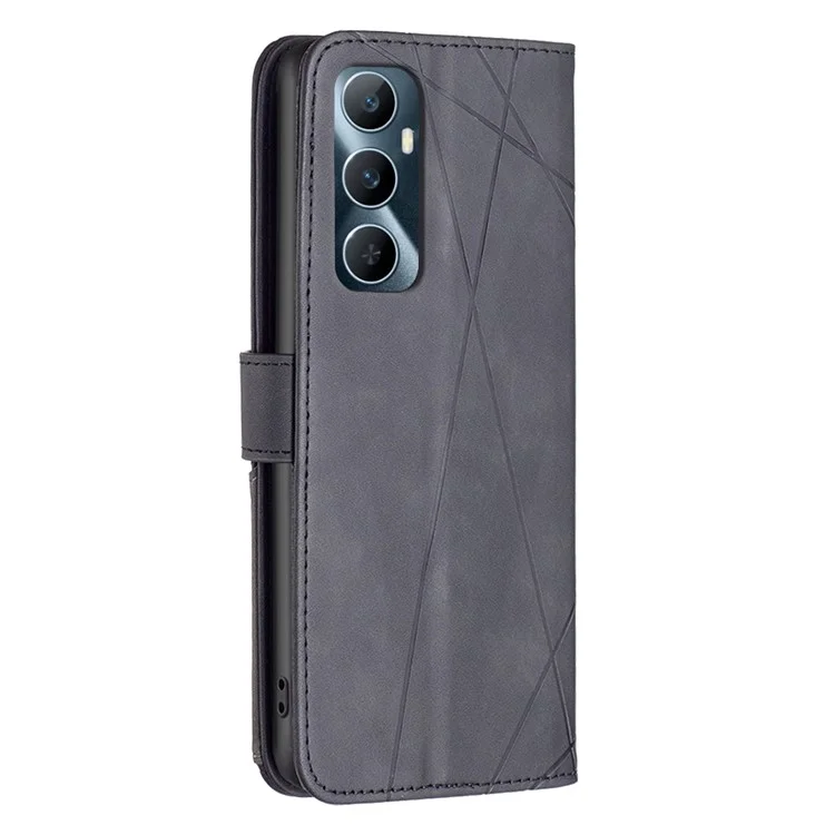 BINFEN COLOR For Realme C65 4G Phone Cases Wallet Stand Geometry Imprinted Leather Cover - Black