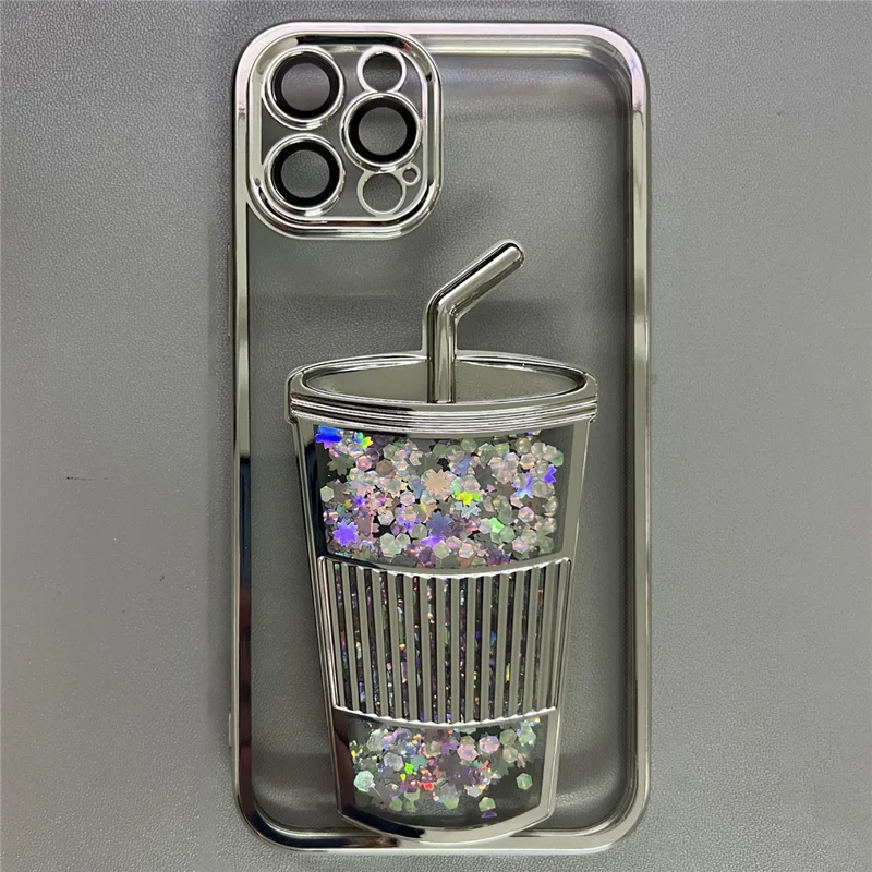 For iPhone 15 Pro Liquid Sequin Design TPU Phone Case Cover with Tempered Glass Rear Lens Film - Silver