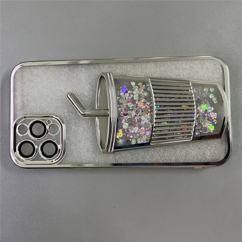 For iPhone 15 Pro Liquid Sequin Design TPU Phone Case Cover with Tempered Glass Rear Lens Film - Silver