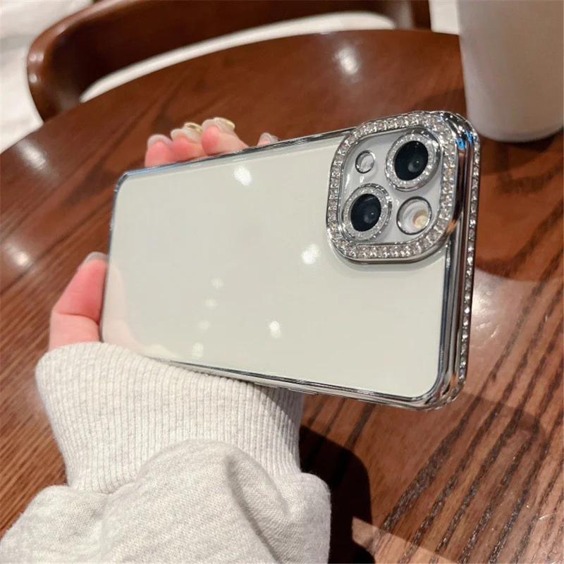 For iPhone 15 Slim Case Shockproof TPU Phone Cover with Rhinestones Decor - Silver