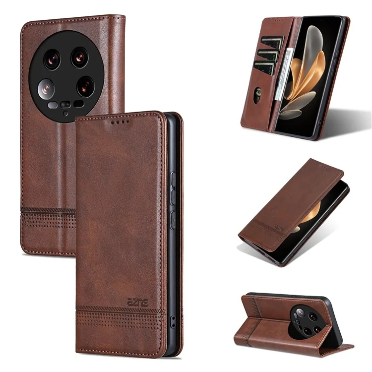 AZNS For Xiaomi 14 Ultra Leather Case Cowhide Texture Stand Wallet Phone Cover - Coffee