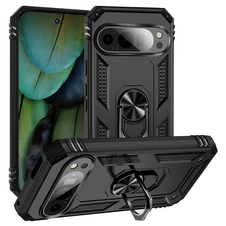 For Google Pixel 9 / Pixel 9 Pro Case Scratch-Proof PC+TPU Kickstand Phone Cover - Black