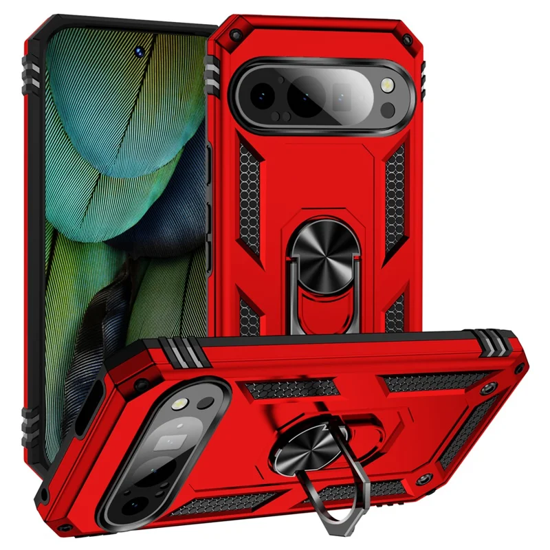 For Google Pixel 9 / Pixel 9 Pro Case Scratch-Proof PC+TPU Kickstand Phone Cover - Red