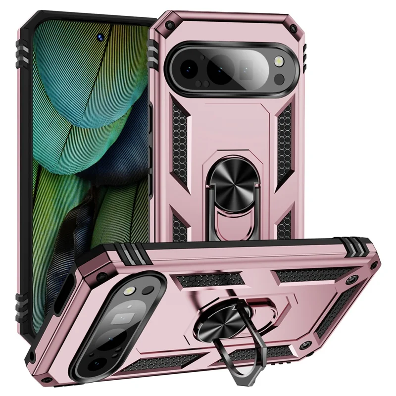 Til Google Pixel 9 / Pixel 9 Pro Etui med slidstærkt PC+TPU stativdæksel - Rosenød