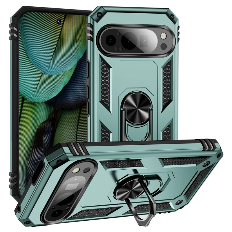 حالة Google Pixel 9 / Pixel 9 Pro مقاومة للخدوش من البولي كربونات + TPU مع غطاء قابل للطي - أخضر داكن