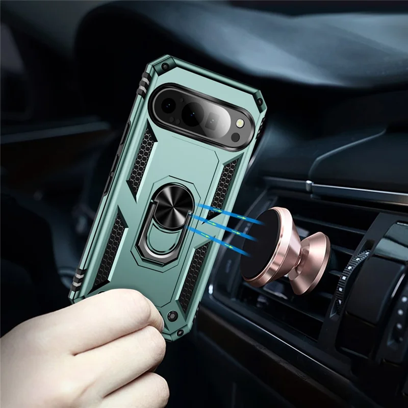 حالة Google Pixel 9 / Pixel 9 Pro مقاومة للخدوش من البولي كربونات + TPU مع غطاء قابل للطي - أخضر داكن