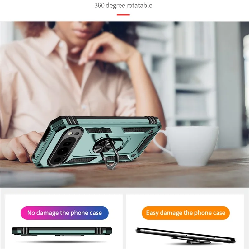 حالة Google Pixel 9 / Pixel 9 Pro مقاومة للخدوش من البولي كربونات + TPU مع غطاء قابل للطي - أخضر داكن