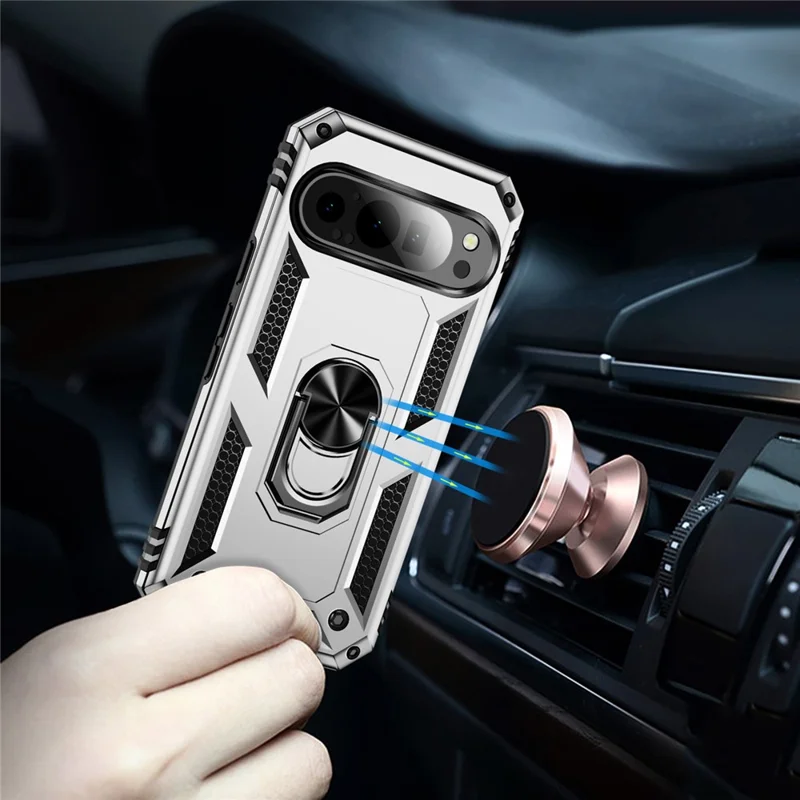 For Google Pixel 9 / Pixel 9 Pro Case Scratch-Proof PC+TPU Kickstand Phone Cover - Silver