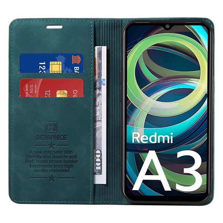 BETOPNICE 003 per Xiaomi Redmi A3 / Poco C61 4G Custodia RFID Blocking Wallet in pelle+TPU Protezione del telefono - Verde