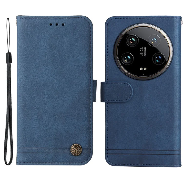 For Xiaomi 14 Ultra Leather Wallet Cases Skin Touch Phone Cover Stand with Strap - Blue