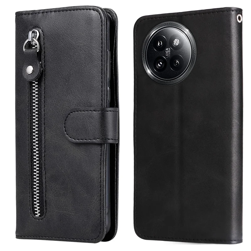 For Xiaomi Civi 4 Pro 5G / 14 Civi 5G Case Stand Calf Texture Anti-Dust Phone Cover with Zipper Pocket - Black