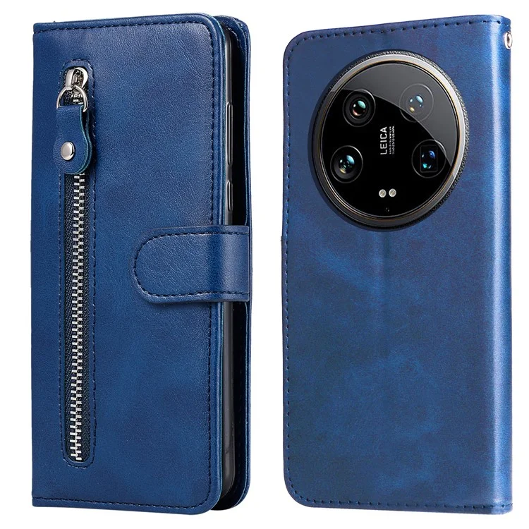 Pour Xiaomi 14 Ultra Case Calf Texture Zipper Wallet PU Leather Protective Phone Cover - Blue