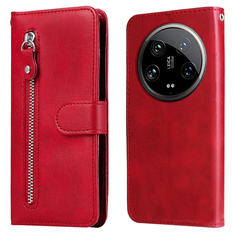 For Xiaomi 14 Ultra Case Calf Texture Zipper Wallet PU Leather Protective Phone Cover - Red