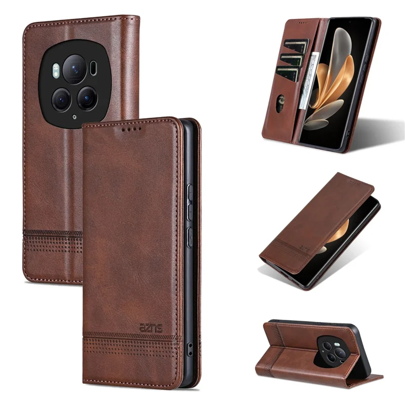 AZNS For Honor Magic6 Pro 5G Magnetic Case Cowhide Texture Leather Phone Stand Cover - Coffee