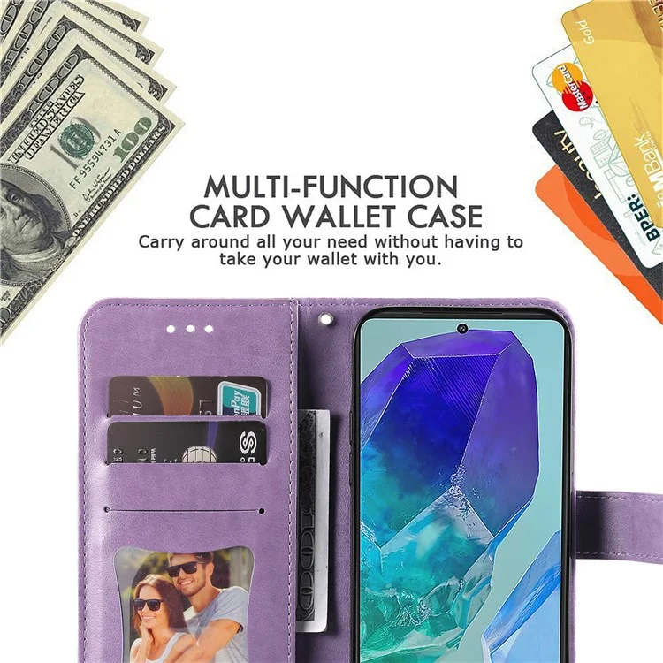 Para Samsung Galaxy M55 5G / C55 5G / F55 5G Funda Flor Estampada Funda de Teléfono de Cuero - Púrpura