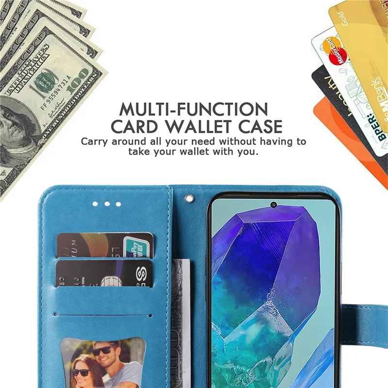 For Samsung Galaxy M55 5G / C55 5G / F55 5G Case Floral Pattern PU Leather Wallet Stand Phone Cover - Blue