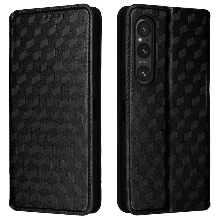 For Sony Xperia 1 VI Case Rhombus Pattern Magnetic Closing Leather Wallet Phone Cover - Black