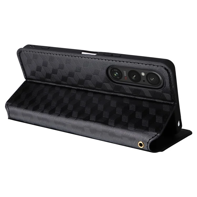 For Sony Xperia 1 VI Case Rhombus Pattern Magnetic Closing Leather Wallet Phone Cover - Black