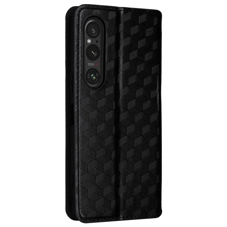 For Sony Xperia 1 VI Case Rhombus Pattern Magnetic Closing Leather Wallet Phone Cover - Black