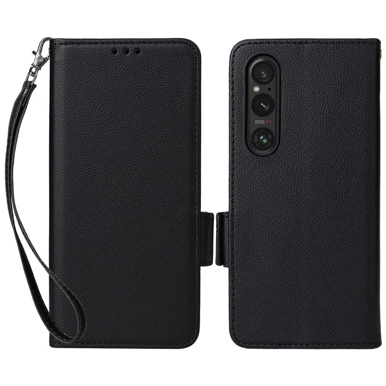 For Sony Xperia 1 VI Case with Wrist Strap Litchi Texture PU Leather Wallet Phone Cover - Black