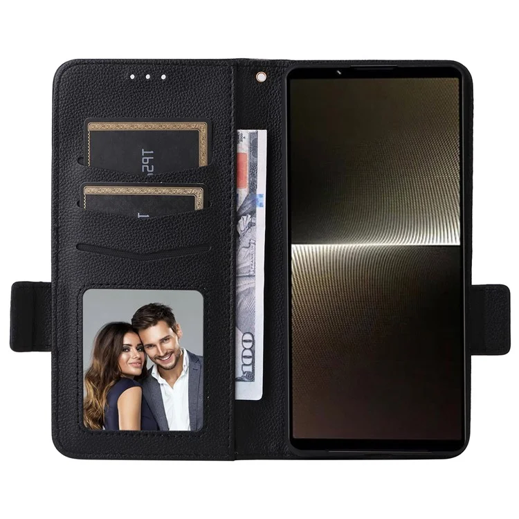 For Sony Xperia 1 VI Case with Wrist Strap Litchi Texture PU Leather Wallet Phone Cover - Black