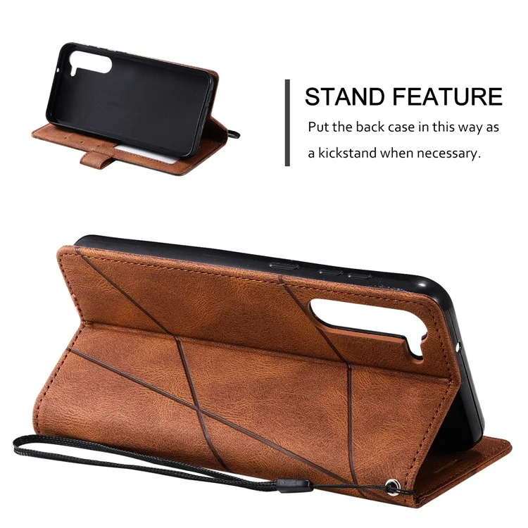 Für Samsung Galaxy S23 Case Bedruckte Linien Lederhülle mit Brieftasche Ständer - Braun