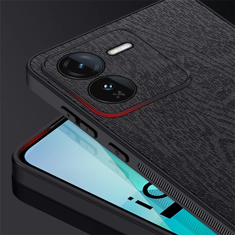 Чехол для vivo iQOO Z9 5G, текстура дерева, покрытие из кожзама, PC+TPU, защита от ударов, черный