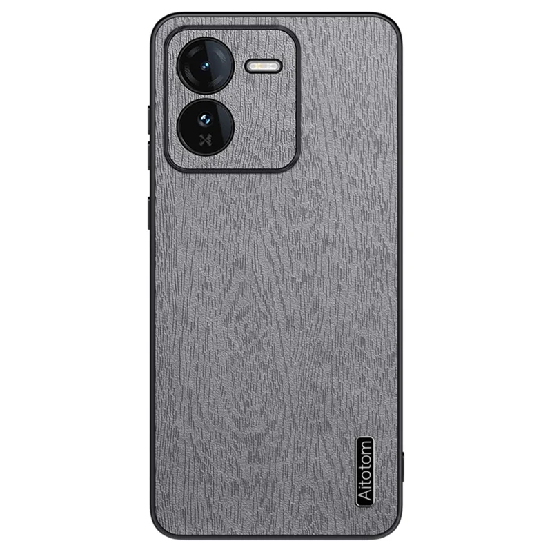 Für vivo iQOO Z9 5G Hülle Holztextur Leder-Beschichtung PC+TPU Stoßfest Handyhülle - Grau
