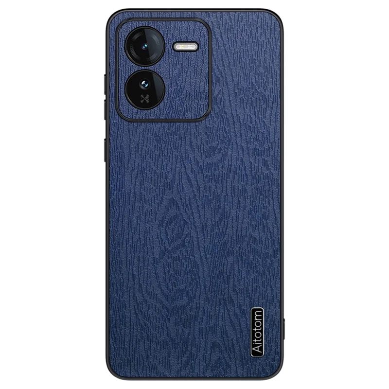 Pour le vivo iQOO Z9 5G Coque Texture Bois Revêtement en Cuir PC+TPU Bump Proof Phone Shell - Bleu