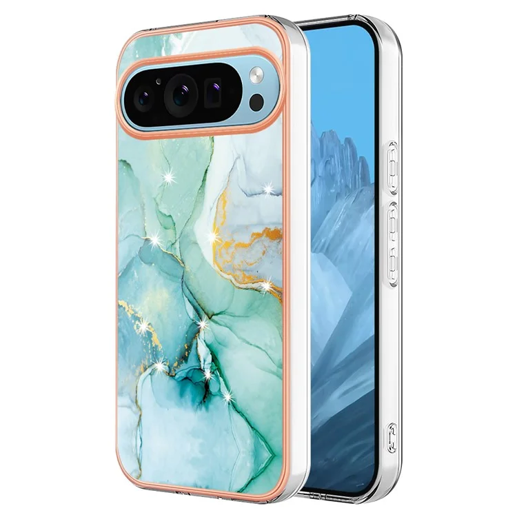 For Google Pixel 9 / Pixel 9 Pro TPU Case with IMD Marble Pattern Electroplated Back Cover - Green 003