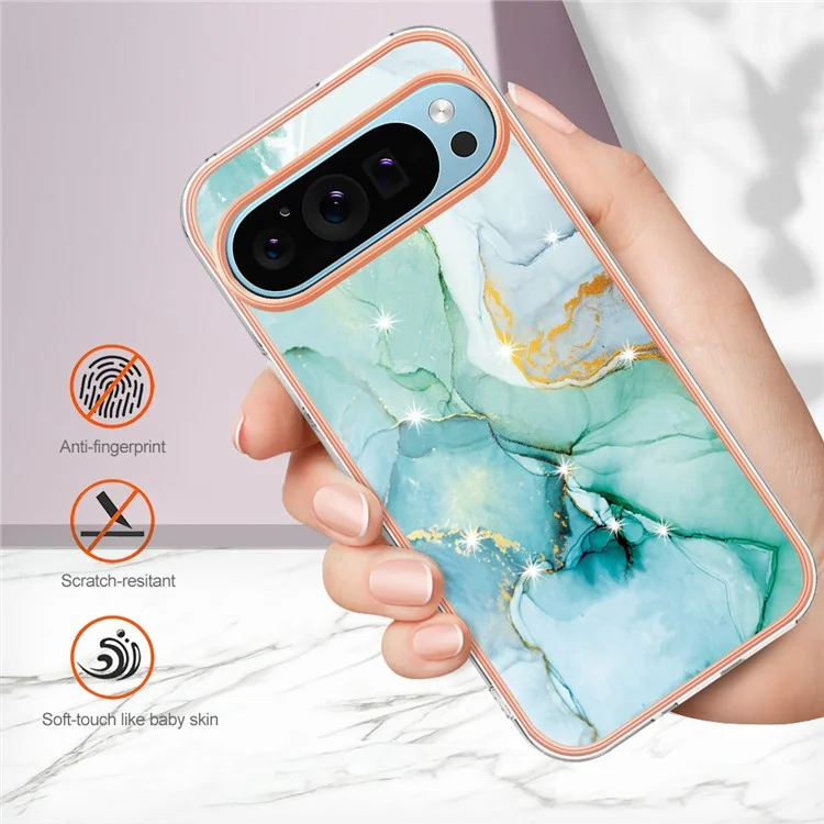 For Google Pixel 9 / Pixel 9 Pro TPU Case with IMD Marble Pattern Electroplated Back Cover - Green 003