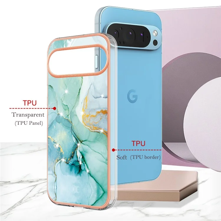 For Google Pixel 9 / Pixel 9 Pro TPU Case with IMD Marble Pattern Electroplated Back Cover - Green 003