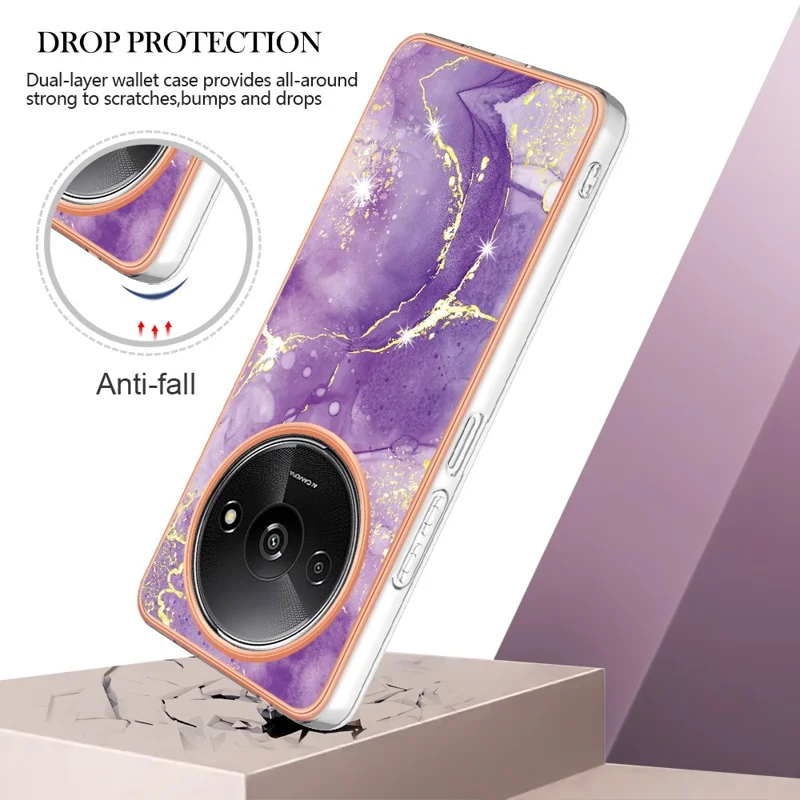 For Xiaomi Redmi A3 / Poco C61 4G TPU Case with IMD Marble Pattern Electroplated Back Cover - Purple 002