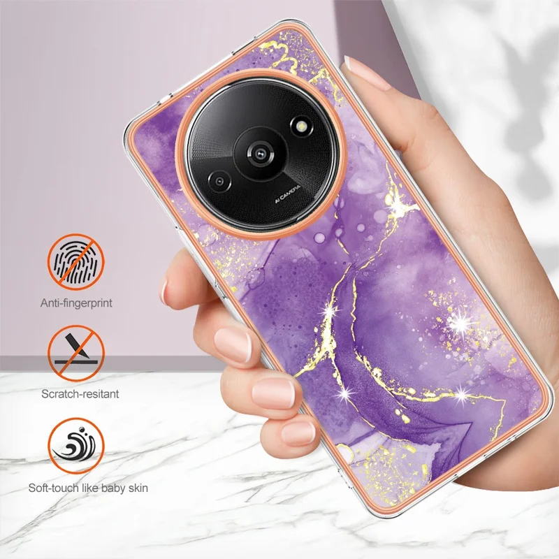 For Xiaomi Redmi A3 / Poco C61 4G TPU Case with IMD Marble Pattern Electroplated Back Cover - Purple 002