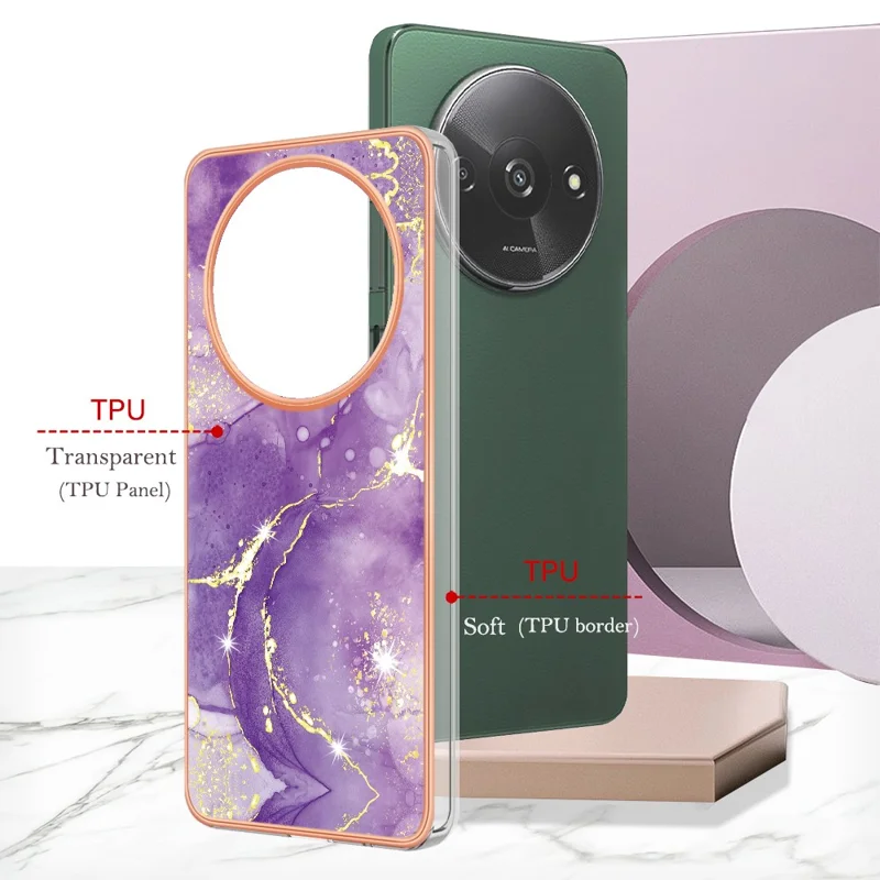 For Xiaomi Redmi A3 / Poco C61 4G TPU Case with IMD Marble Pattern Electroplated Back Cover - Purple 002