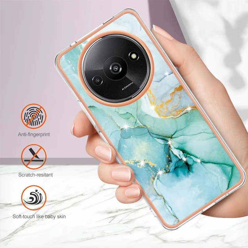 For Xiaomi Redmi A3 / Poco C61 4G TPU Case with IMD Marble Pattern Electroplated Back Cover - Green 003