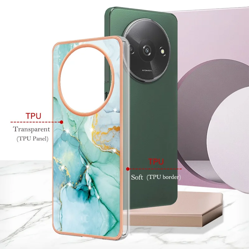 For Xiaomi Redmi A3 / Poco C61 4G TPU Case with IMD Marble Pattern Electroplated Back Cover - Green 003