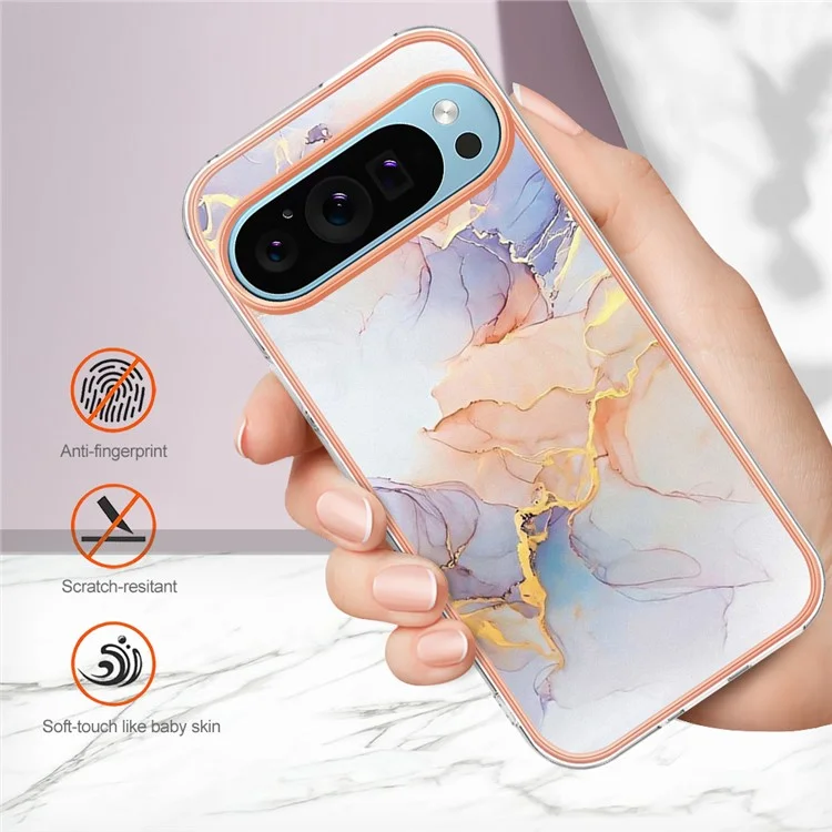 YB IMD Series-1 Per Google Pixel 9 / Pixel 9 Pro Case IMD TPU Phone Cover Electroplating Edge - Milky Way Marble White