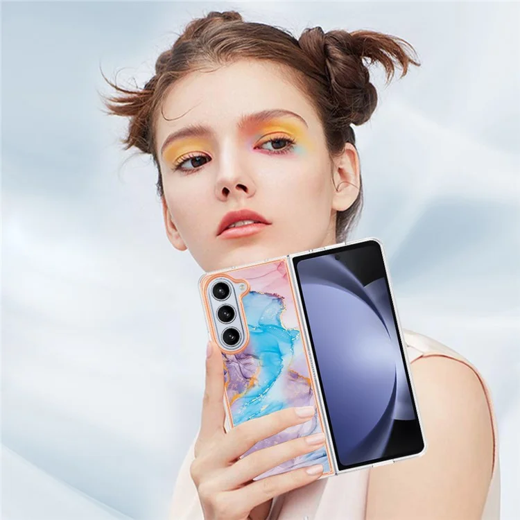 For Samsung Galaxy Z Fold5 5G Case with IMD Marble Flower Pattern TPU Mobile Back Cover  - Milky Way Marble Blue