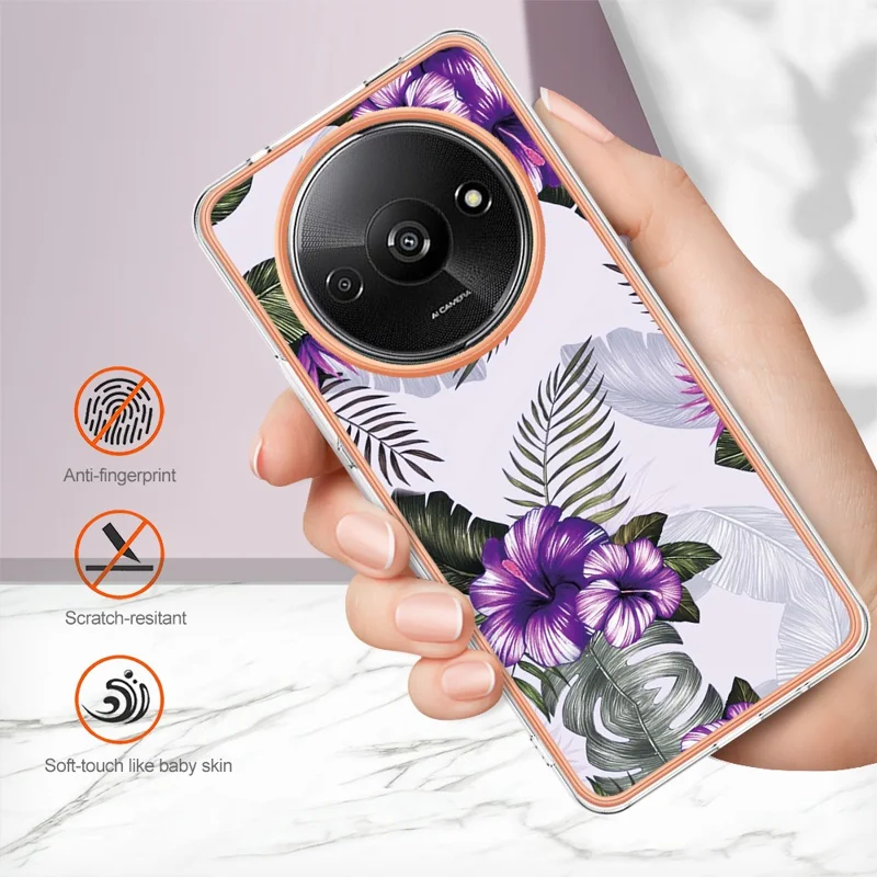 For Xiaomi Redmi A3 / Poco C61 4G Case with IMD Marble Flower Pattern TPU Mobile Back Cover - Purple Flower
