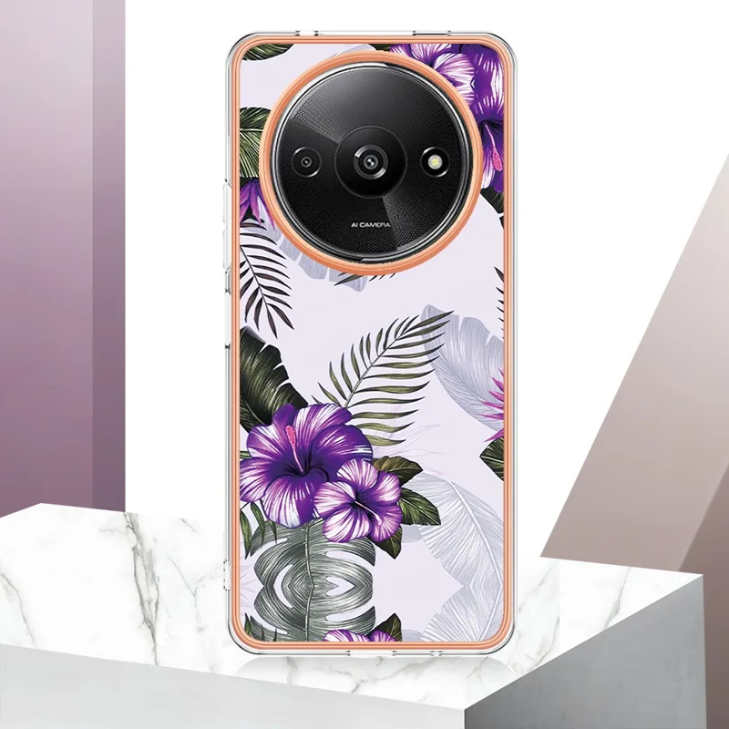 For Xiaomi Redmi A3 / Poco C61 4G Case with IMD Marble Flower Pattern TPU Mobile Back Cover - Purple Flower